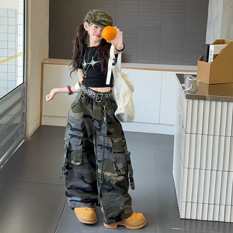 女童迷彩裤子春秋2025新款儿童女孩炸街工装裤中大童爵士街舞长裤