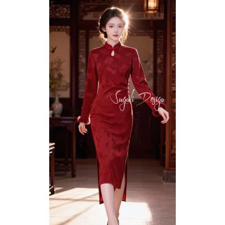 苏故里【听雨】新款冬季加绒修身显瘦气质改良新中式旗袍中长