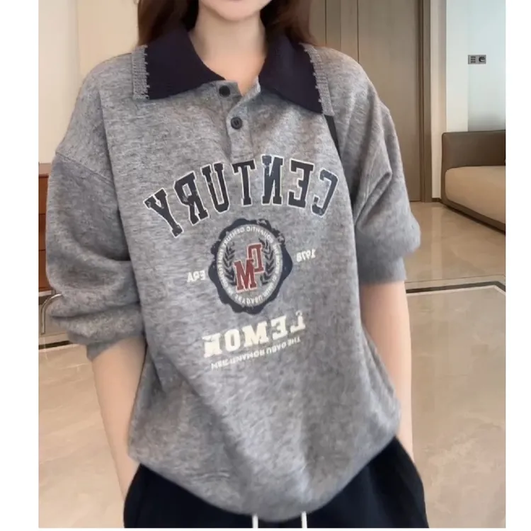 秋季美式复古宽松慵懒风设计感撞色翻领字母卫衣LK2506231