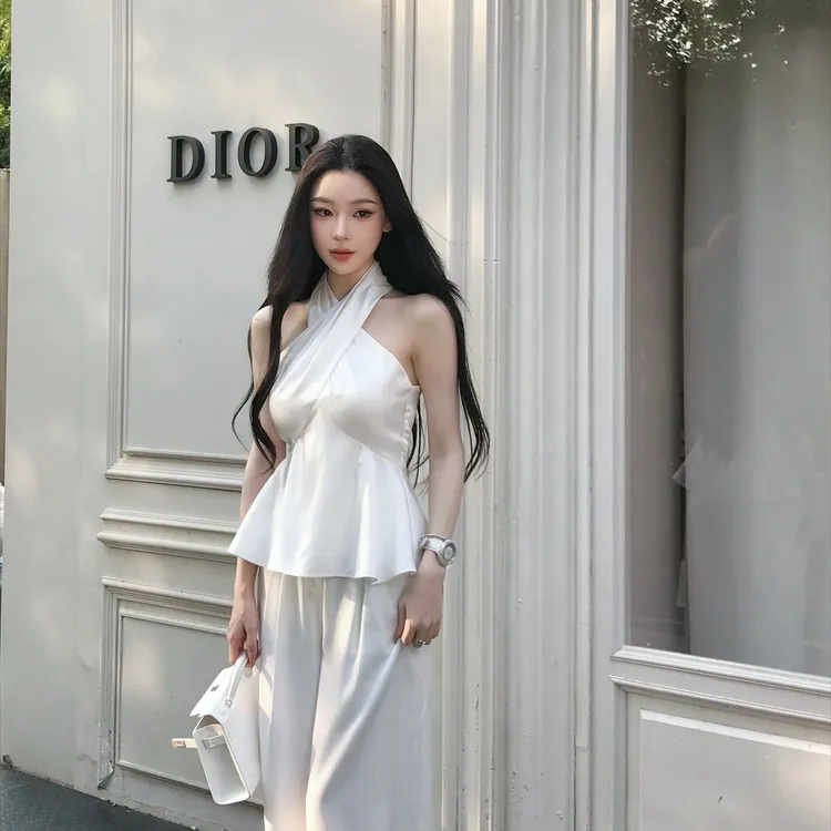 【油画栀子】白色流光缎面感手工捏褶交叉挂脖气质伞摆上衣无袖