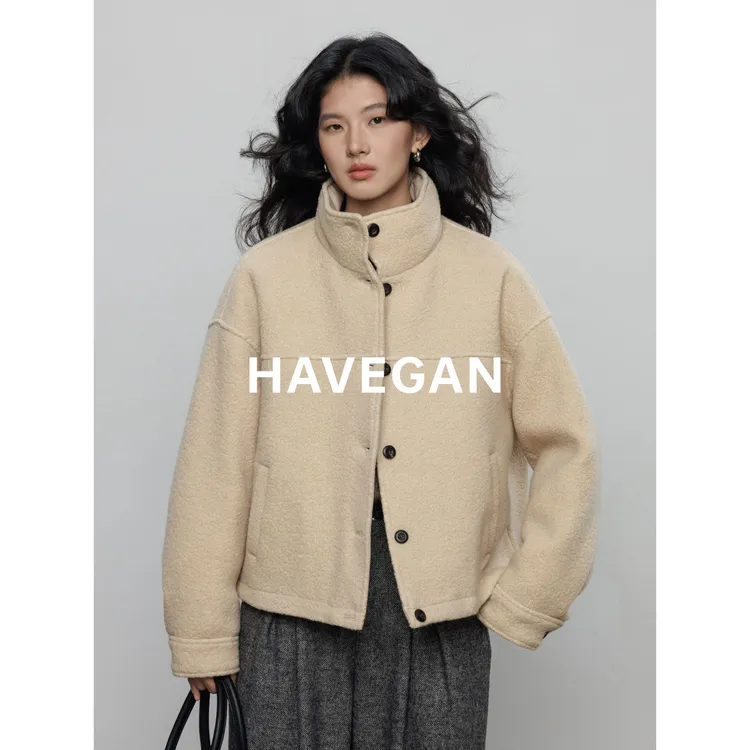 与间HAVEGAN/冬季绵羊毛设计立领白鸭绒羽绒服女茄克保暖高级外套