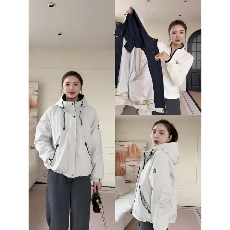 【余欢欢】冬季休闲百搭简约保暖加绒撞色连帽冲锋外套-YHW51129