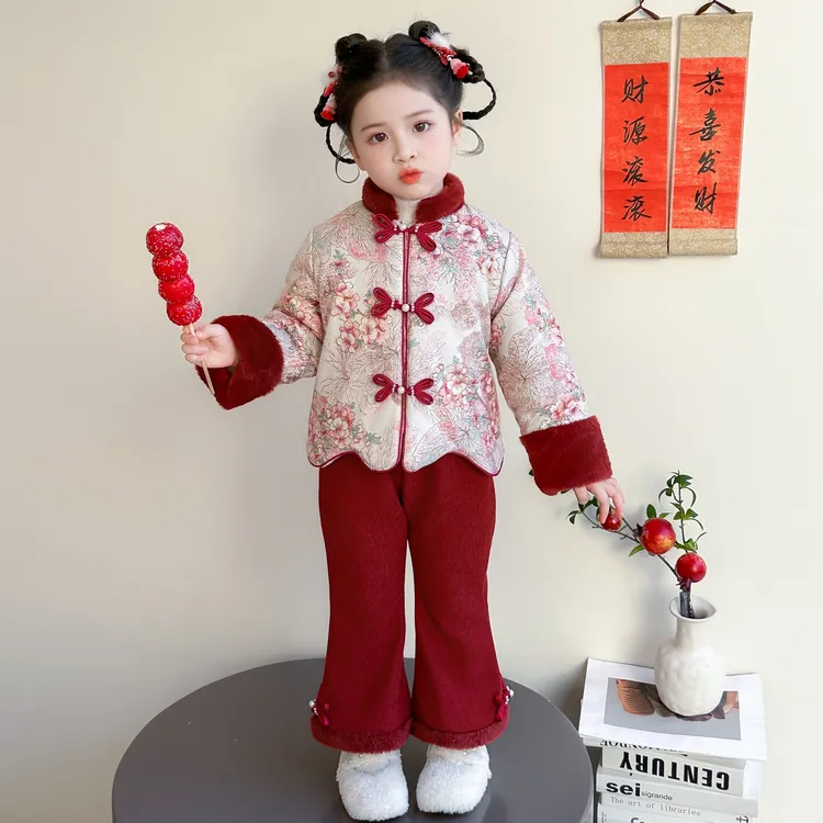女童冬季夹棉中国风套装2026新款新中式拜年服冬装儿童汉服两件套