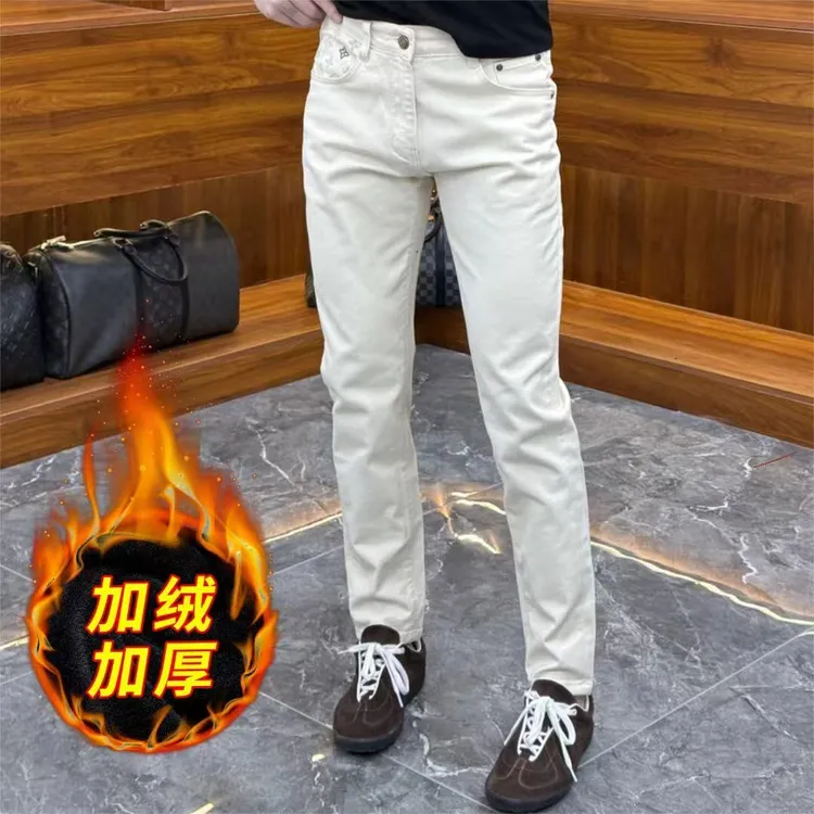 冬季加绒加厚韩式小直筒高端刺绣高弹修身时尚潮流休闲男士牛仔裤