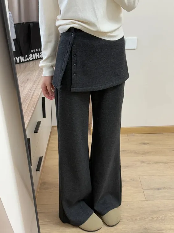 深灰色加绒可拆卸屁帘阔腿裤女冬季大码胖mm遮肉显瘦休闲直筒长裤