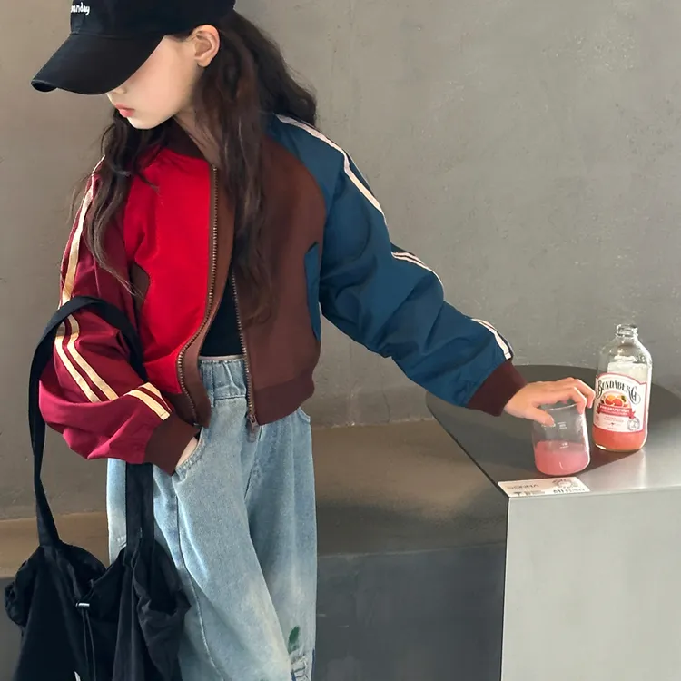 女童撞色夹克衫外套2025春秋新款儿童韩版复古牛仔裤运动风两件套