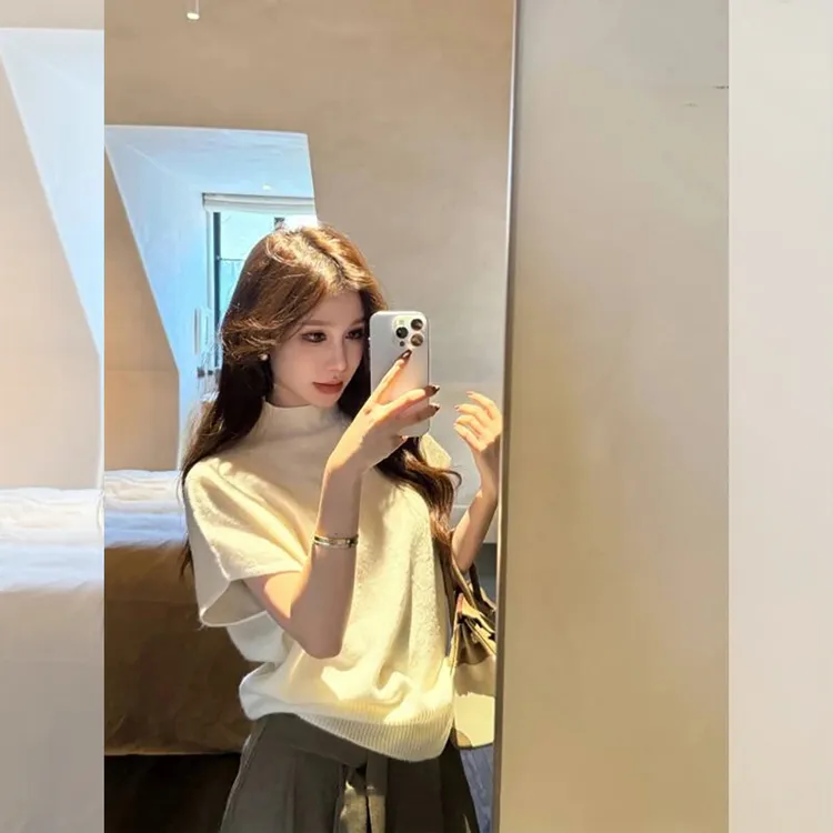 春秋老钱风高级感宽松针织衫女半高领坎肩斗篷款毛衣显瘦内搭上衣