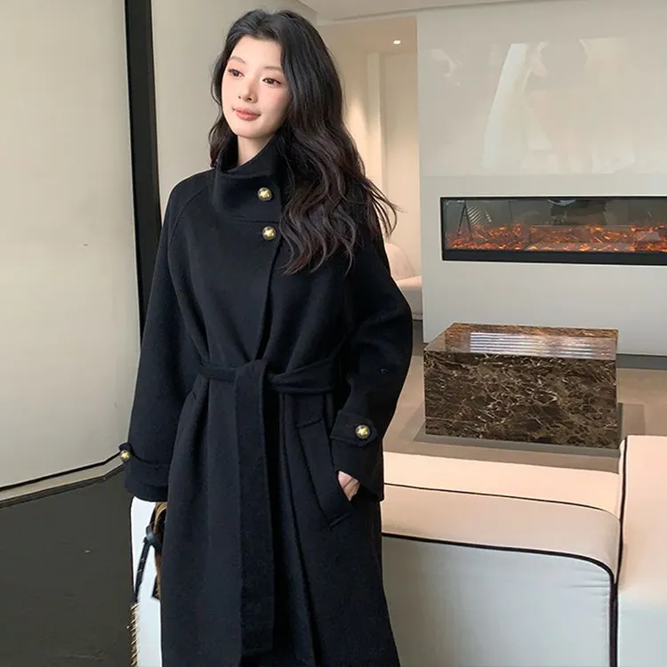 2025秋冬新款韩版立领双面毛呢大衣女中长款系带双面毛呢外套8899