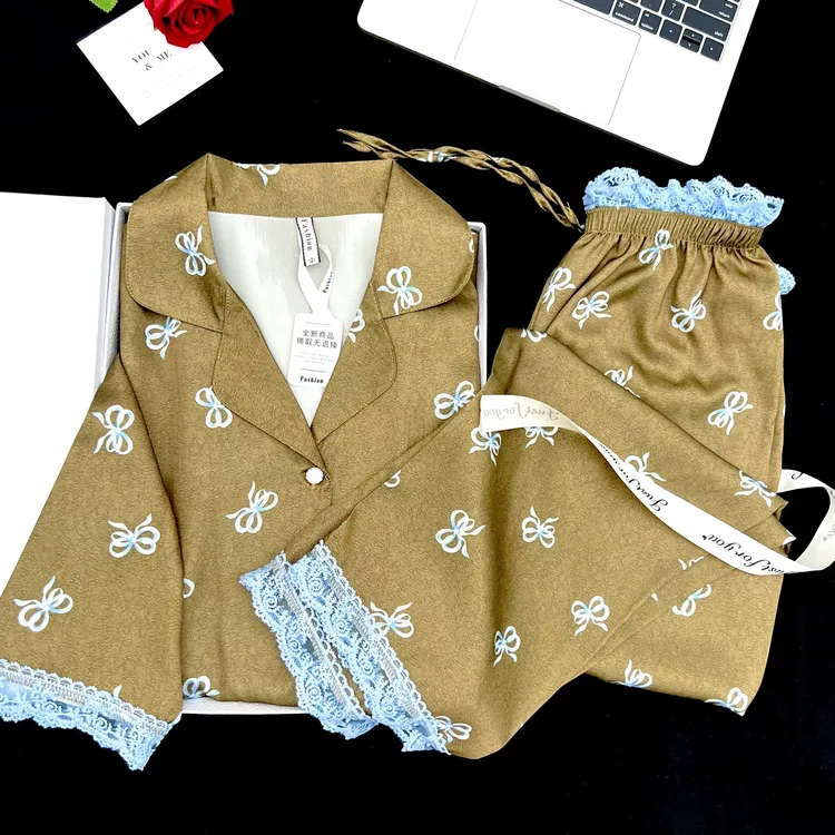 法式高级感蕾丝蝴蝶结印花冰丝睡衣女2025新款休闲套装家居服外穿