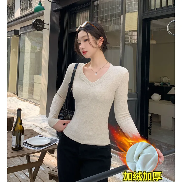 【加绒加厚】摇粒绒正肩V领掐腰显瘦秋冬季内搭修身长袖女【运补6-8】
