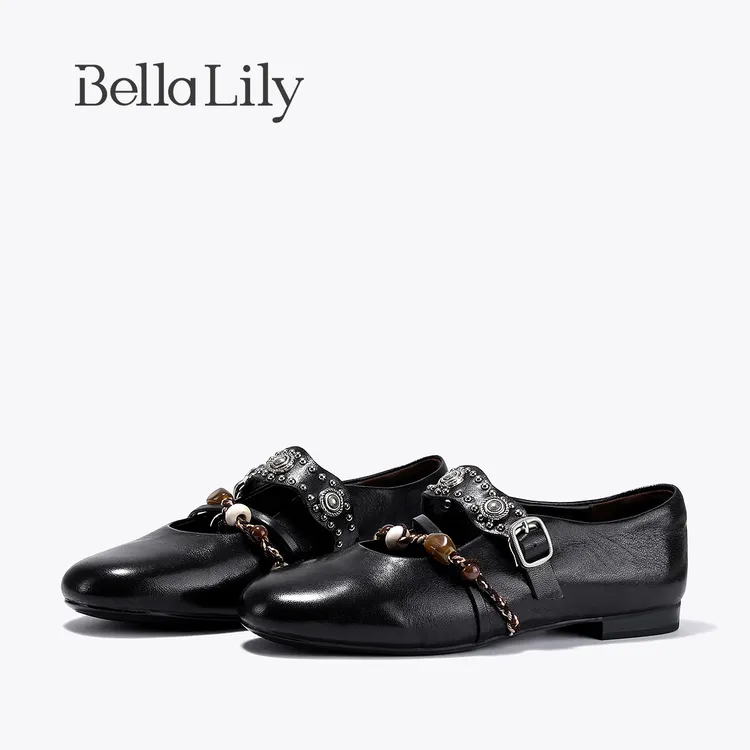 BellaLily2025秋冬新款羊皮浅口玛丽珍平底鞋单鞋女复古小皮鞋