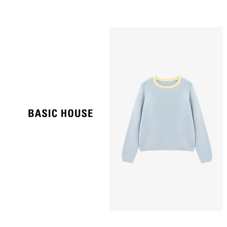 Basic House/百家好撞色简约休闲圆领宽松保暖羊毛衫-B0625B5RMT2