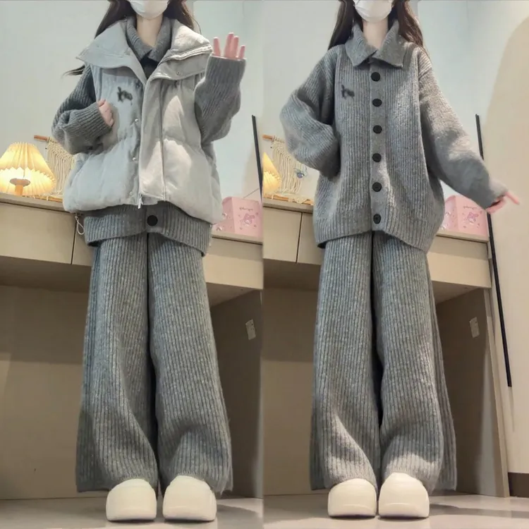 秋冬搭配一整套韩系慵懒风宽松百搭棉服马甲针织衫阔腿裤三件套装