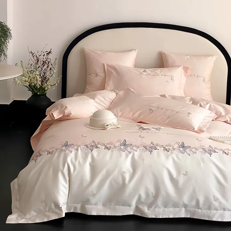 奶油风法式轻奢高支纯棉四件套被套全棉蝴蝶花卉床单四季床上用品