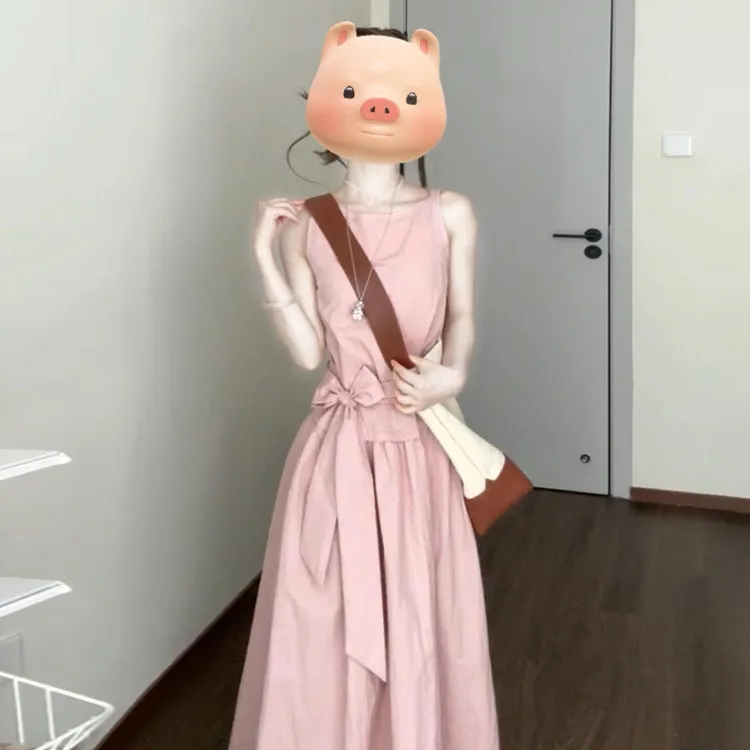 粉色无袖背心连衣裙子女夏季2025新款夏天巨好看穿搭一整套装长裙