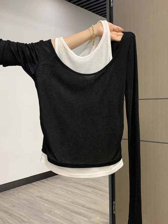 港风chic浅黄色假两件修身长袖t恤上衣女夏撞色新款薄款微透春秋