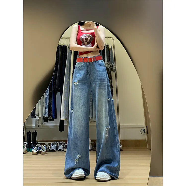 设计感宽松显瘦拖地牛仔裤女夏季新款高腰水洗破洞休闲垂感阔腿裤