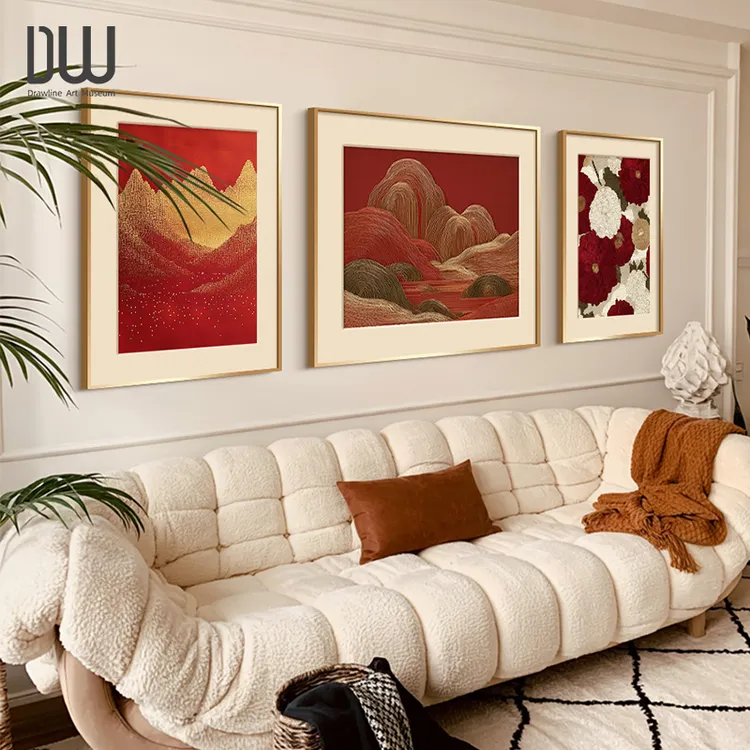 新中式三联组合客厅装饰画繁花似锦大红山水画沙发背景画壁画轻奢