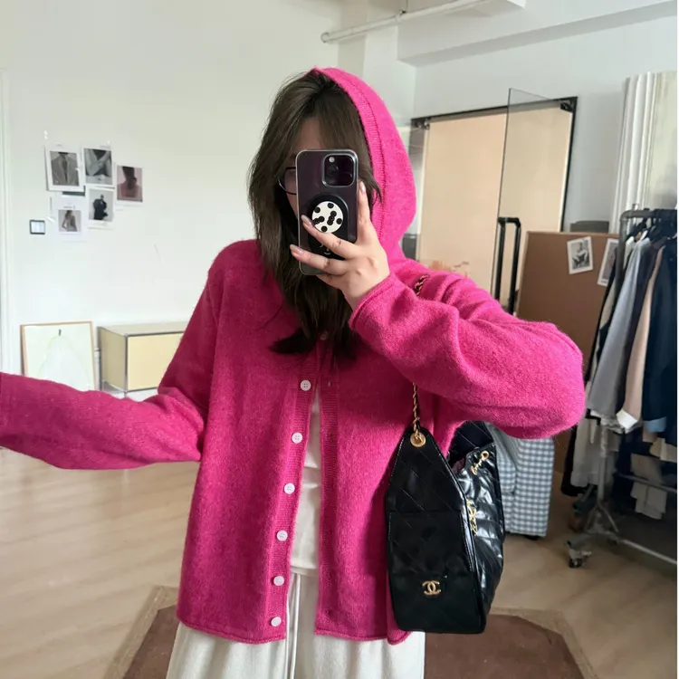 晶咕软软【花纱绒绒】韩版软糯慵懒风单排扣连帽针织开衫