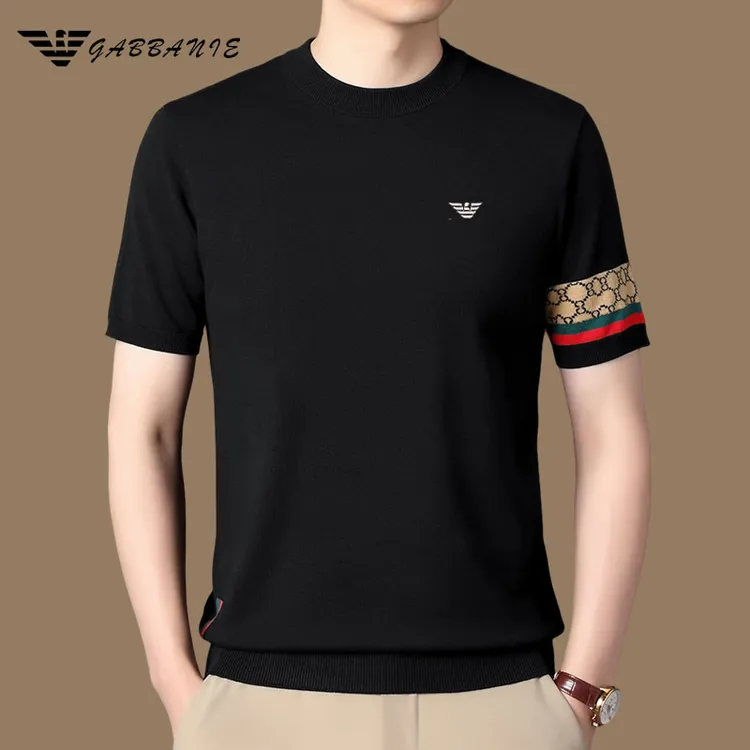 GABBANIE专柜正品高端轻奢男装圆领针织衫男士春秋季短袖t恤打底