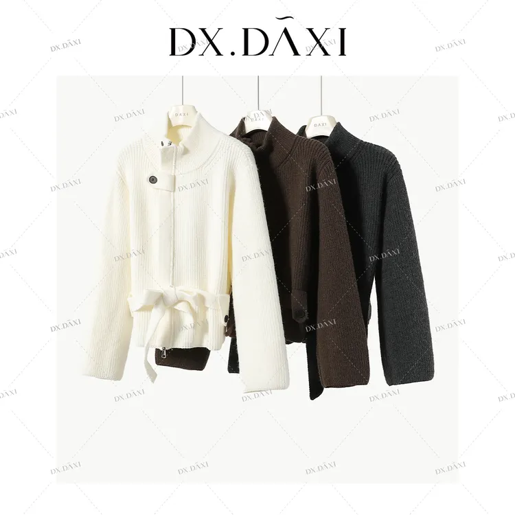 DX.DAXI【北欧雪堡】设计感立领拉链针织开衫纯色百搭短款毛衣外套