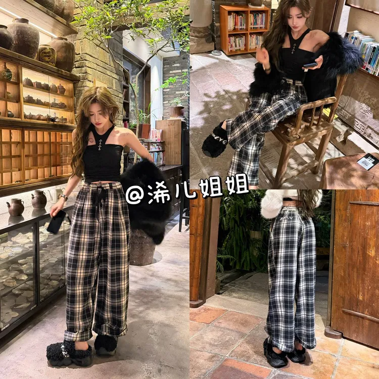 黑白格子高腰裤阔腿裤
