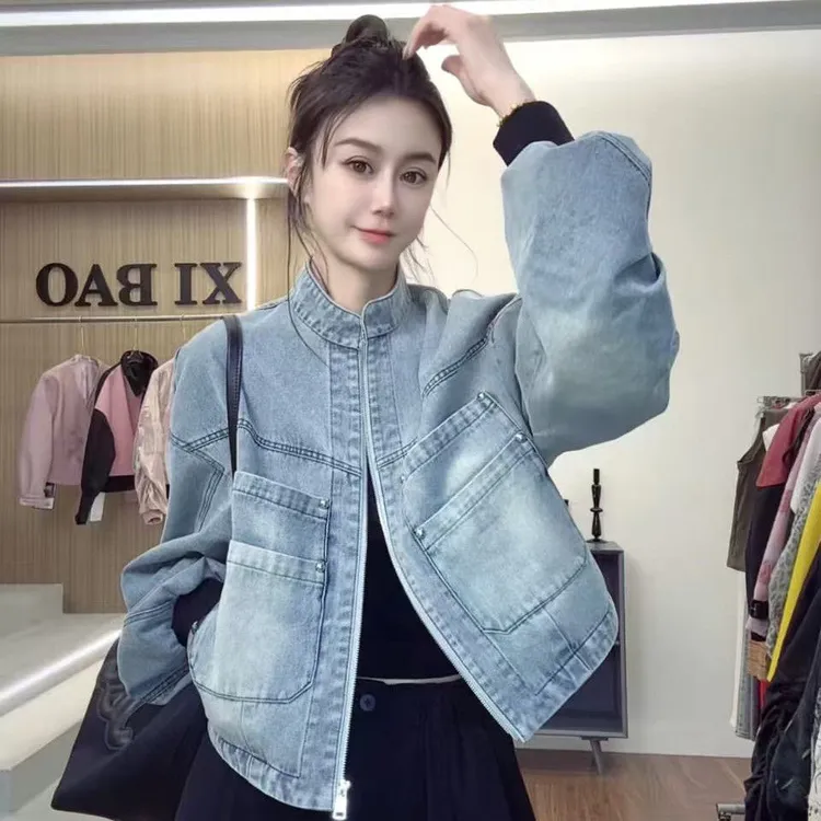 美式复古高级做旧立领牛仔外套女短款春秋2025新款小个子百搭夹克