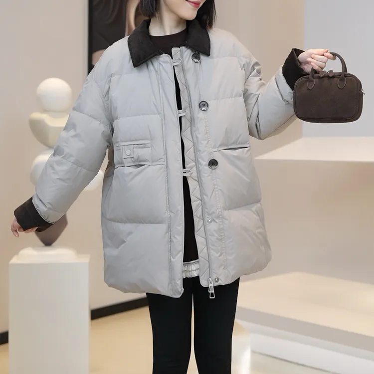 【现货】冬季撞色欧棉绒拼接单排扣韩系简约气质通勤百搭保暖外套女