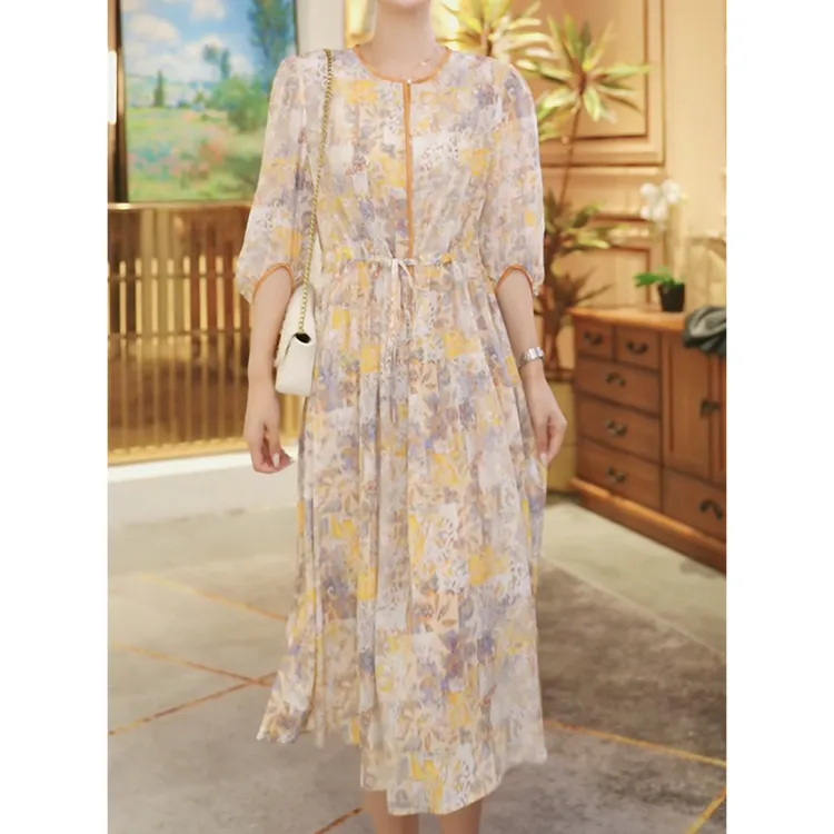【堇兰桑蚕丝】春夏气质真丝裙印花收腰桑蚕丝连衣裙女YYQ22-924