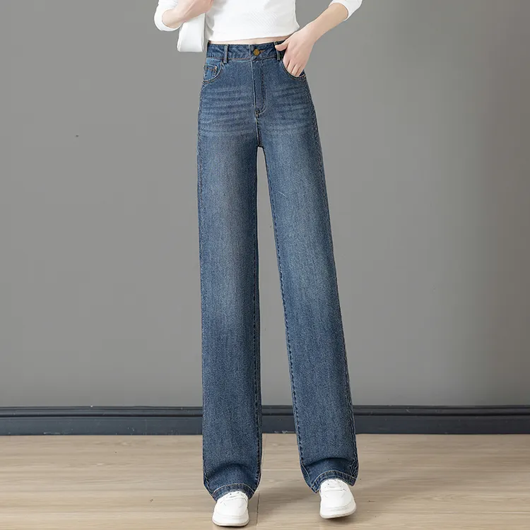 时尚窄版阔腿牛仔裤女春秋2025新款高腰宽松显瘦烫钻垂感直筒裤子