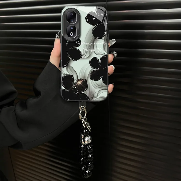 适用【华为荣耀90】钛灰电镀玻璃壳水墨花ins风网红创意手机壳女款