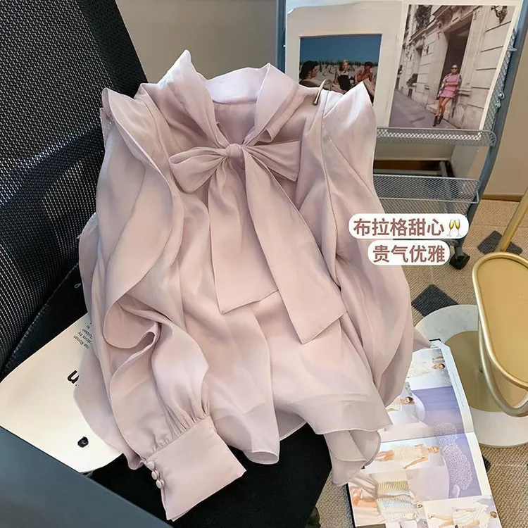 新款早秋时尚别致设计感荷叶边上衣法式蝴蝶结系带雪纺衬衣女