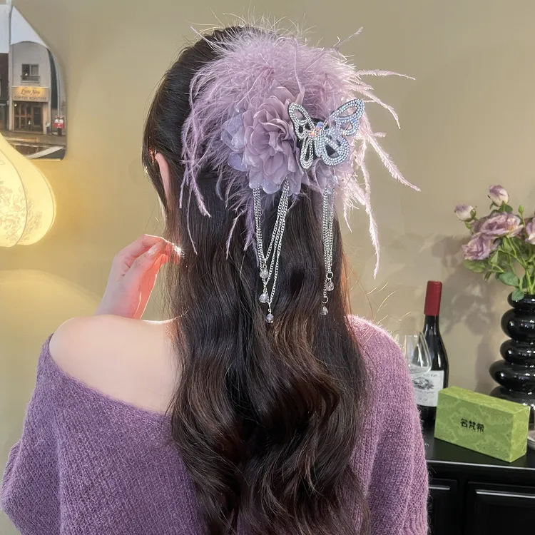 「格蕾香榭」蓬松气质蝴蝶羽毛绒抓夹新款流苏蓬松毛毛显发量鲨鱼夹