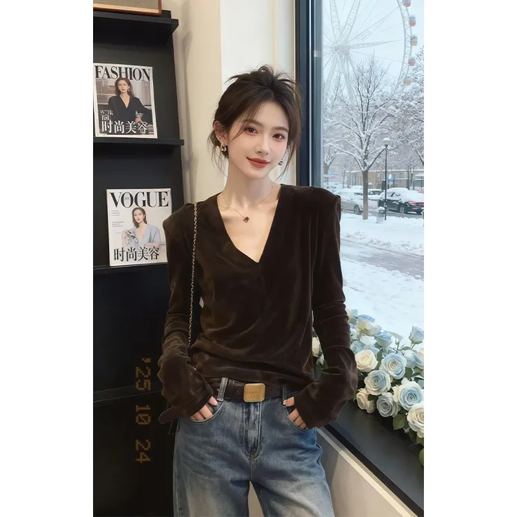 法式气质丝绒V领长袖T恤女秋冬高级感内搭简约纯色显瘦打底衫上衣