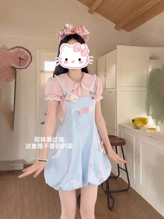 日系甜美可爱风口袋大蝴蝶结蓝色背带裤搭配粉色衬衫女