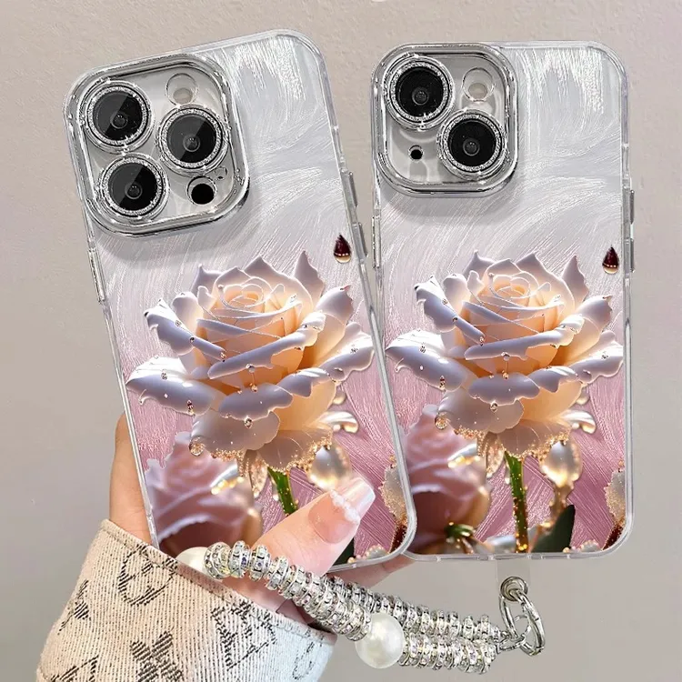 适用华为p60羽纱手机壳opporeno12粉色玫瑰手链S19镜头膜小米14女