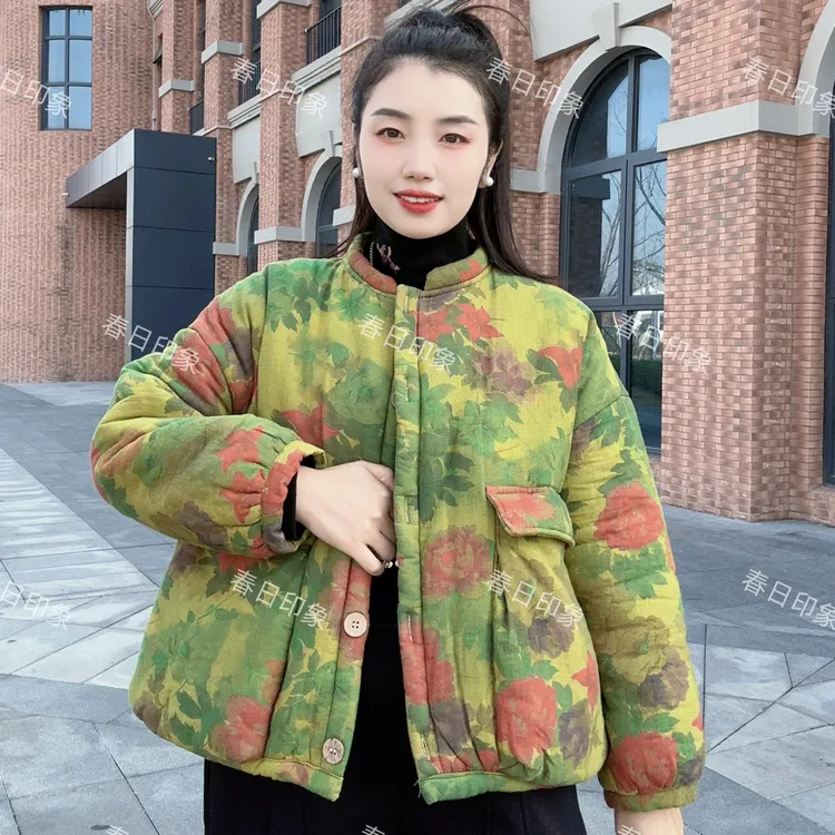 冬季新款加绒复古民族印花立领宽松加厚短款棉服保暖棉衣外套棉袄