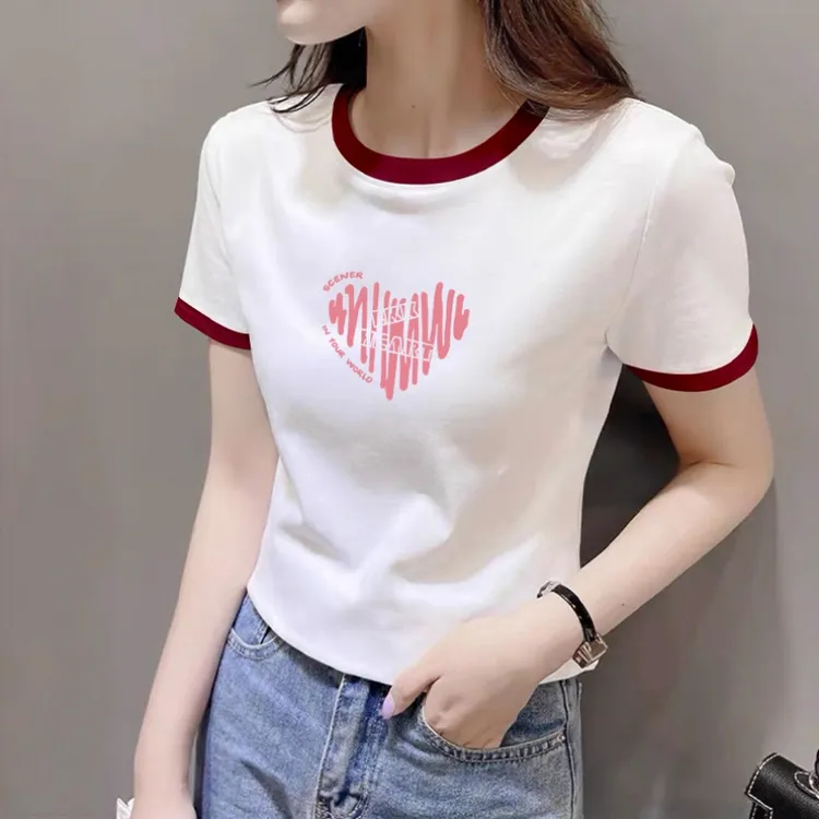 正肩短袖t恤女装2025夏季新款修身显瘦洋气爱心印花撞色圆领上衣