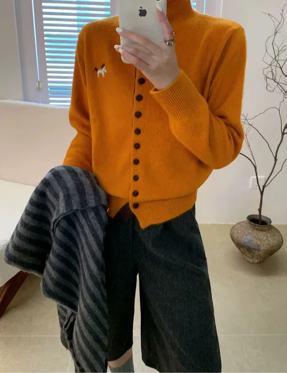 【包扣翻领小马】时尚南瓜橘小个子针织开衫女毛衣冬季新款