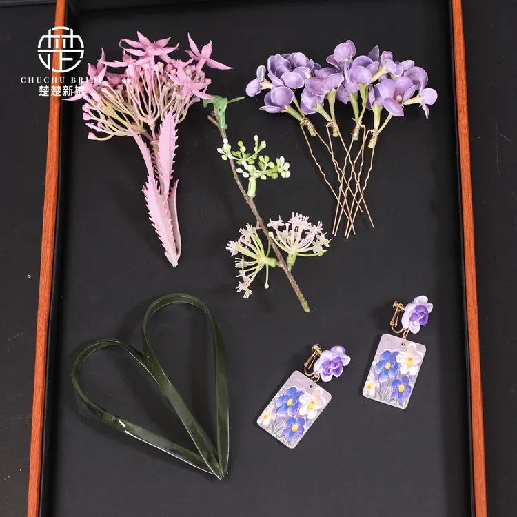 新娘仿真花头饰甜美边夹流苏唯美紫色百搭简约森系时尚结婚配饰