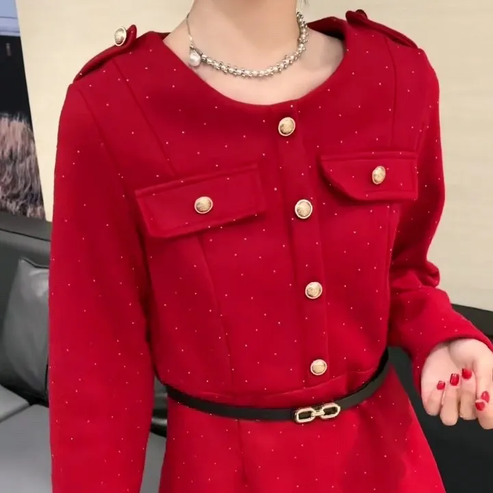 242新年欧货网红冬季新款法式小香风优雅淑女亮晶晶连衣裙