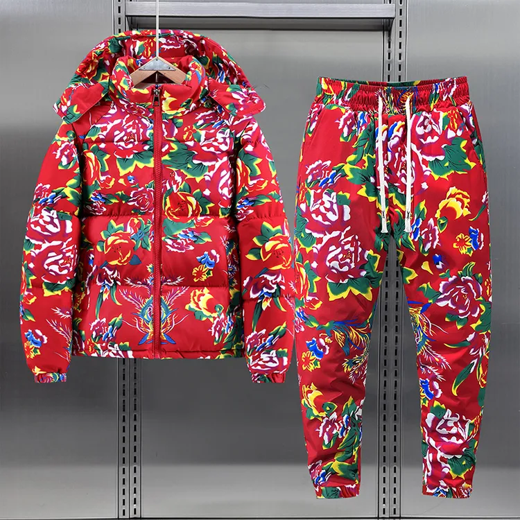 东北大花袄套装男女冬季情侣大码棉衣裤国潮外套牡丹花网红棉服