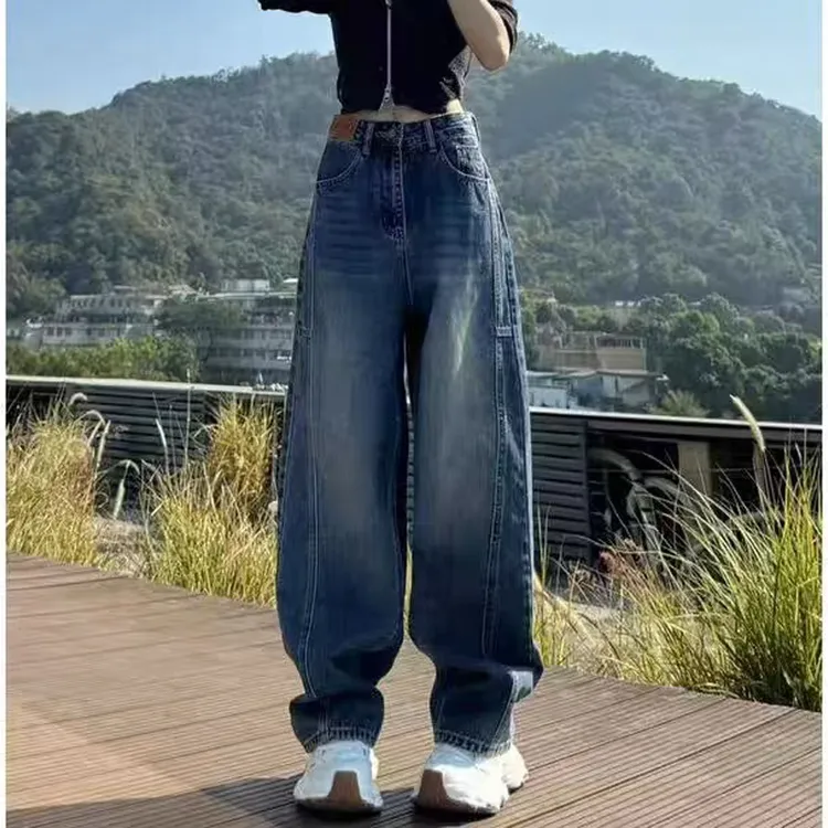 美式高街复古阔腿牛仔裤女秋季新款高腰宽松显瘦百搭弯刀拖地裤子