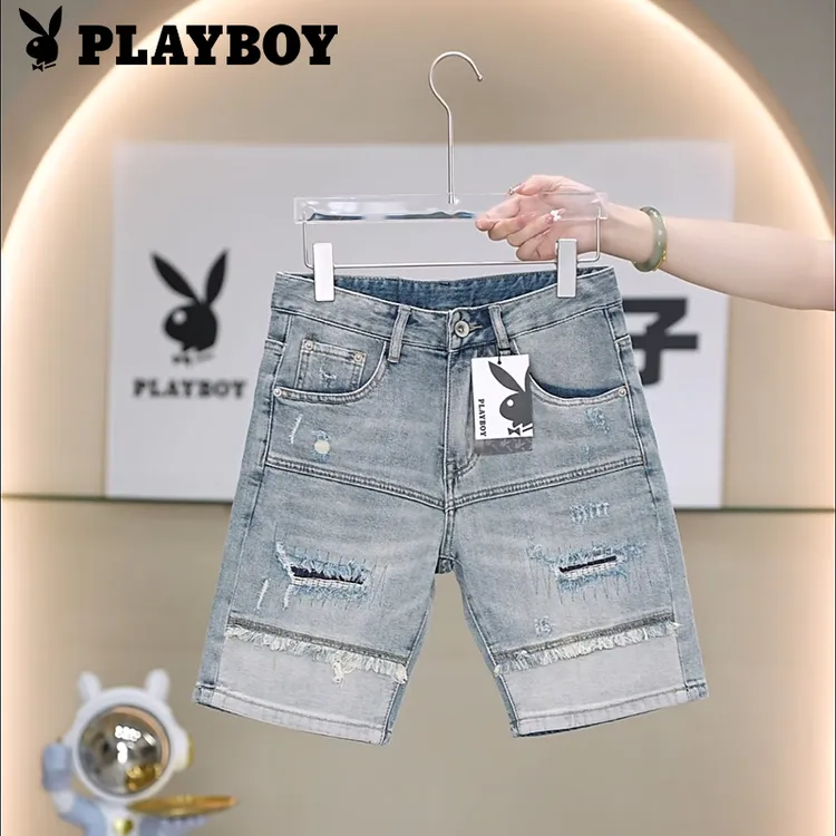 PLAYBOY/花花公子夏季薄款男士修身小直筒破洞透气百搭牛仔短裤
