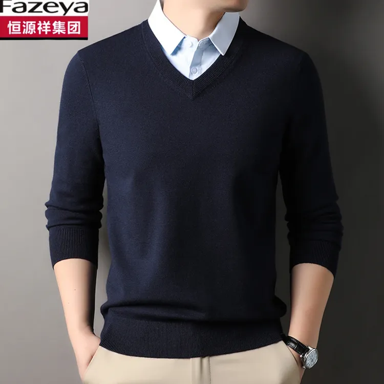 恒源祥集团男衬衫领假两件含羊毛加绒针织衫秋冬商务休闲打底毛衣