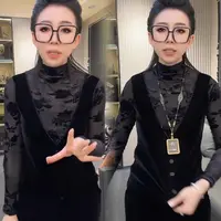 网纱拼接丝绒串珠长袖小衫女秋季新款高级感时尚欧货遮肉显瘦上衣