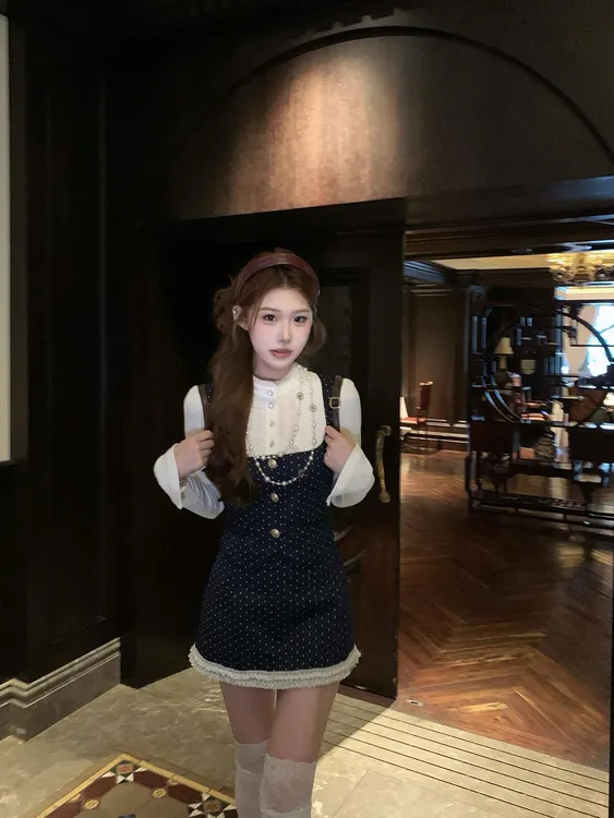 麻吉 假两件miu系波点韩剧女主秋冬法式甜美少女百搭半裙长裤套装