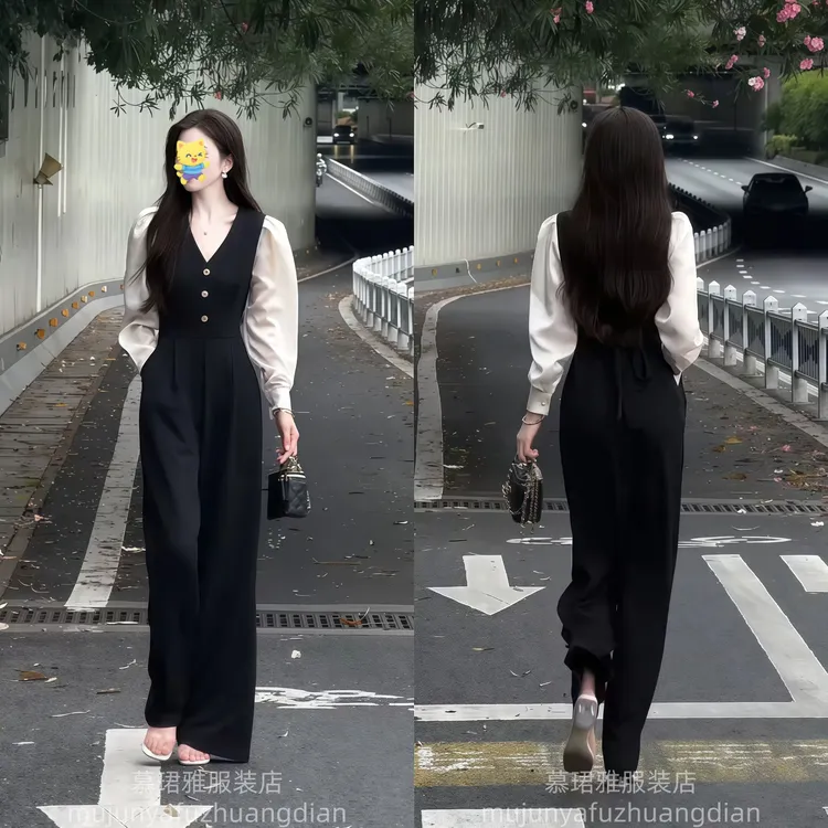 气质连衣裤女2025夏季薄款垂感黑色阔腿连体裤修身显瘦高腰连身裤