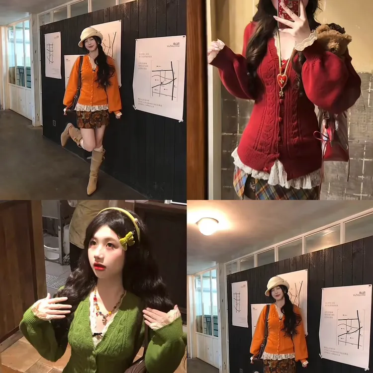 【双旦】新年本命红色V领麻花毛衣开衫女秋冬慵懒风修身短针织外套