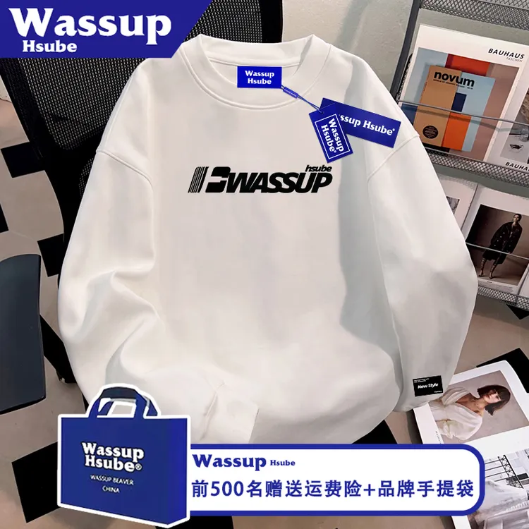 WASSUP HSUBE秋白色上衣简约字母印花T恤ins100%纯棉男女同款长袖